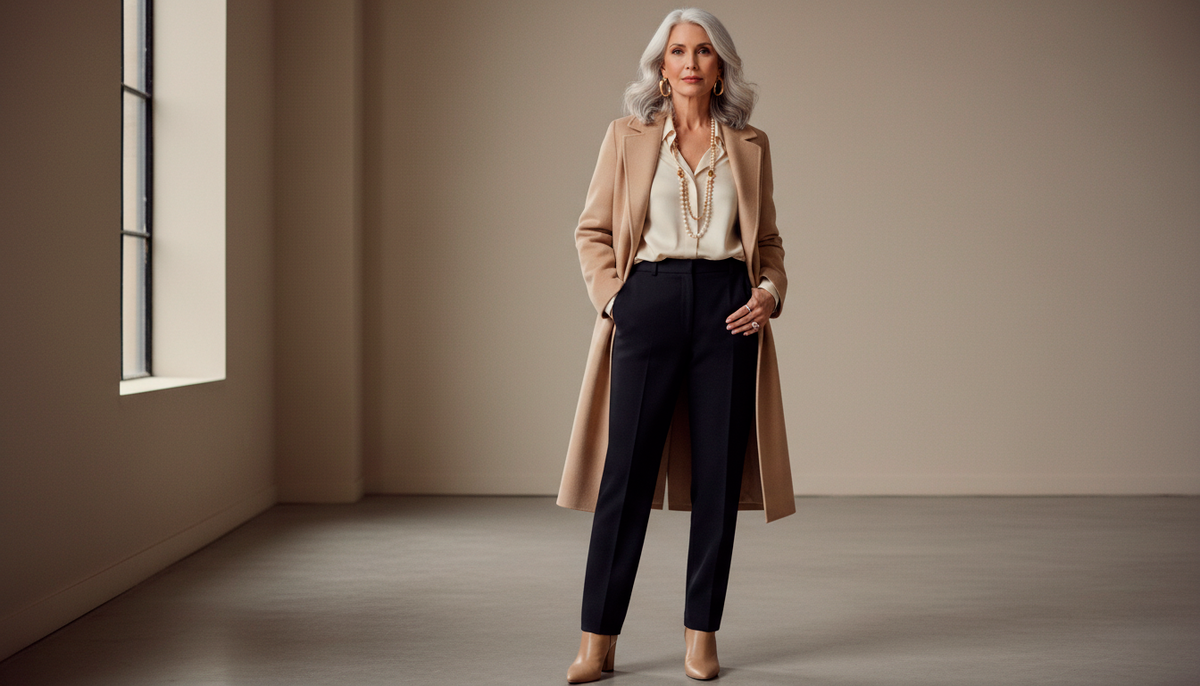 Элегантная женщина демонстрирует современный подход к моде после 60 — сдержанность, качественные материалы и уверенность в себе. Кашемировое пальто бежевого оттенка в сочетании с прямыми брюками создают вытянутый силуэт, а минималистичные украшения подчеркивают статус без перегруза.