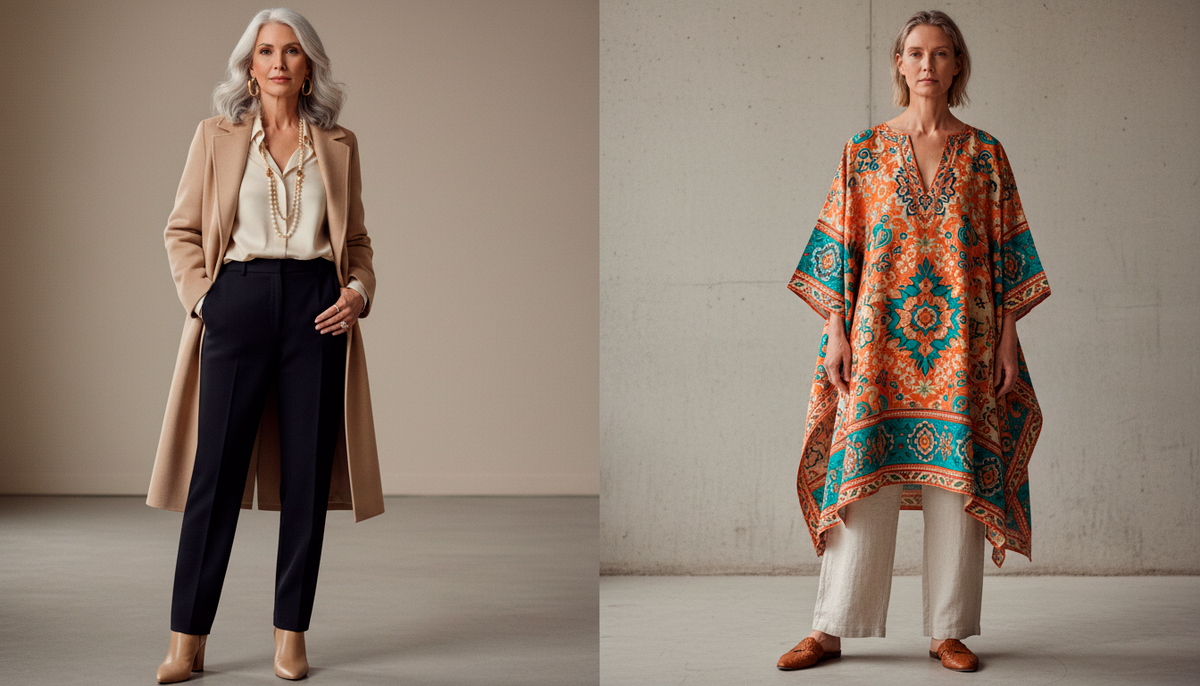 Типичный пример устаревшего тренда — туника с этническим орнаментом скрывает фигуру, создавая бесформенный силуэт. Яркие контрастные цвета перегружают образ, а обилие деталей отвлекает от лица. Такая вещь визуально добавляет объём и возраст.