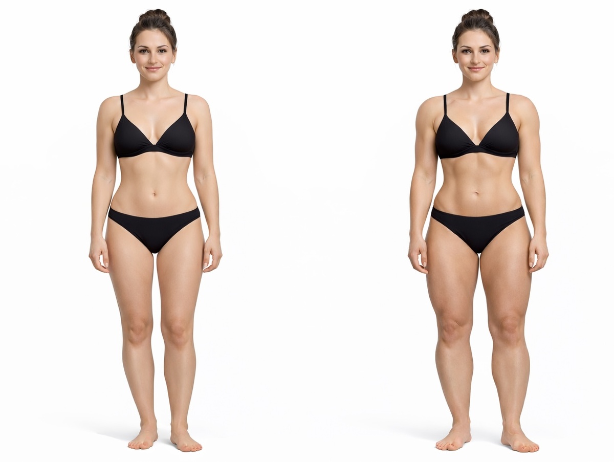 Для примера: женщина с ИМТ 20 в базе и при высокой мышечной массе (по-моему ИИ переборщил с ногами)