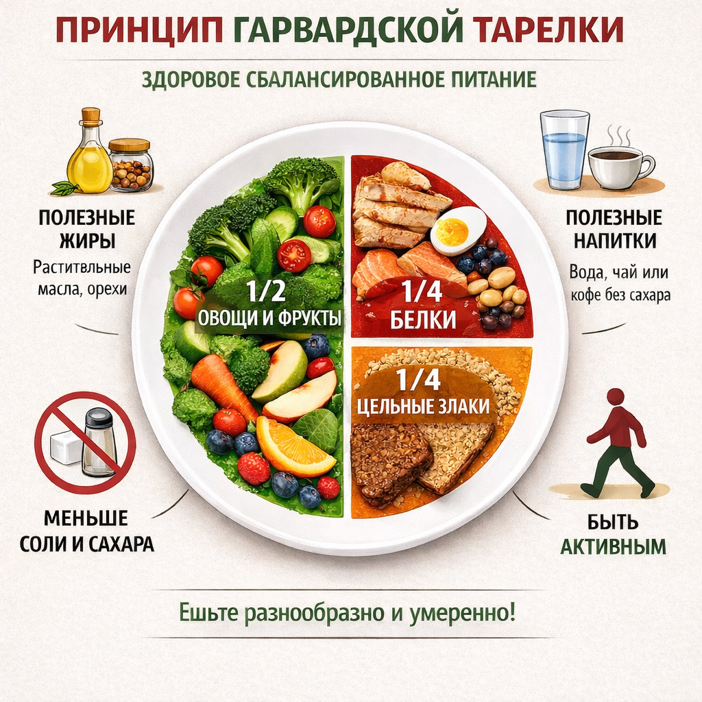 Принцип Гарвардской тарелки отлично подходит для практики: половина тарелки овощи, четверть белок, четверть полезные углеводы, плюс немного полезных жиров.
