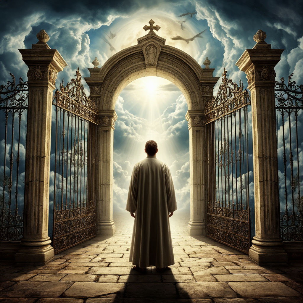 СгенерированоИИ- грешный человек перед вратами Небес.