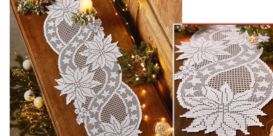 Салфетки и дорожки крючком с рисунками красивых рождественских цветов вязаные в филейной технике