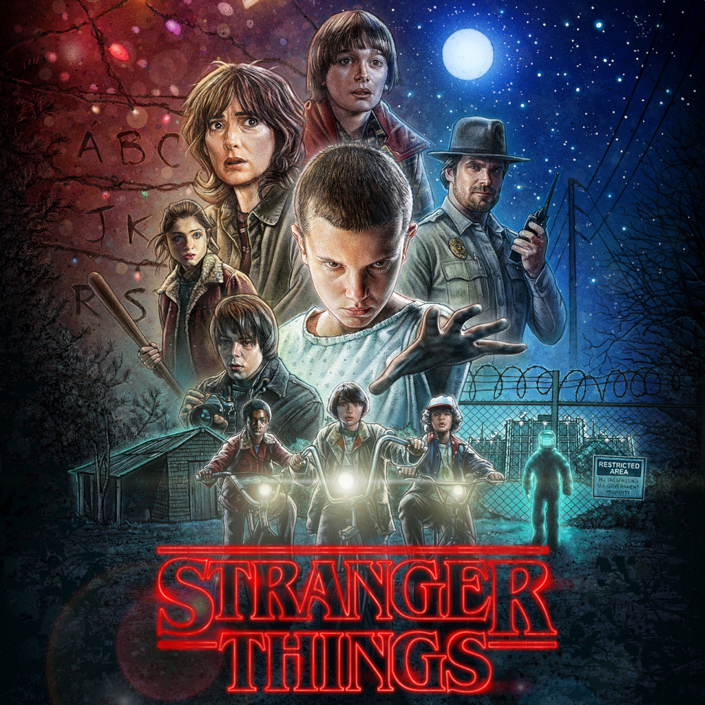 Постер к сериалу "Очень странные дела" (источник: https://ru.kinorium.com/1545339/gallery/poster/?photo=55509526) 