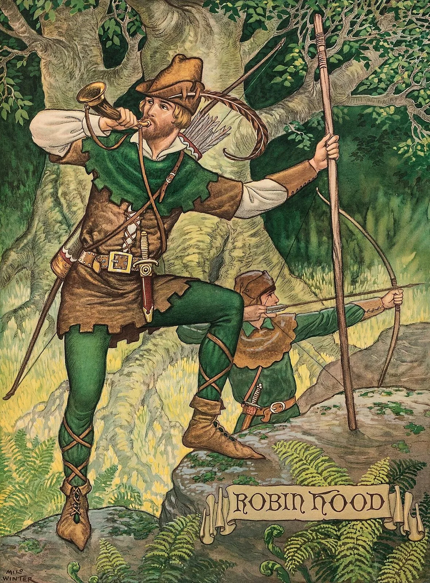 Легенда о Робин Гуде популярна уже столетия. Так в конце XIX в. художник представлял себе народного героя и его вольных стрелков.