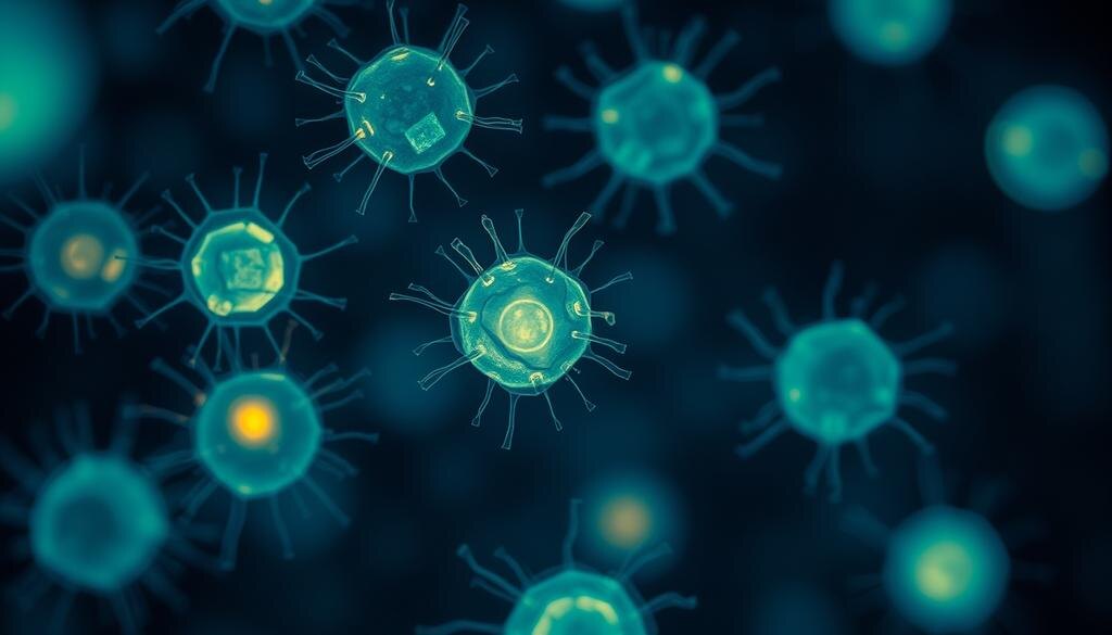    Светящиеся клетки под микроскопом.