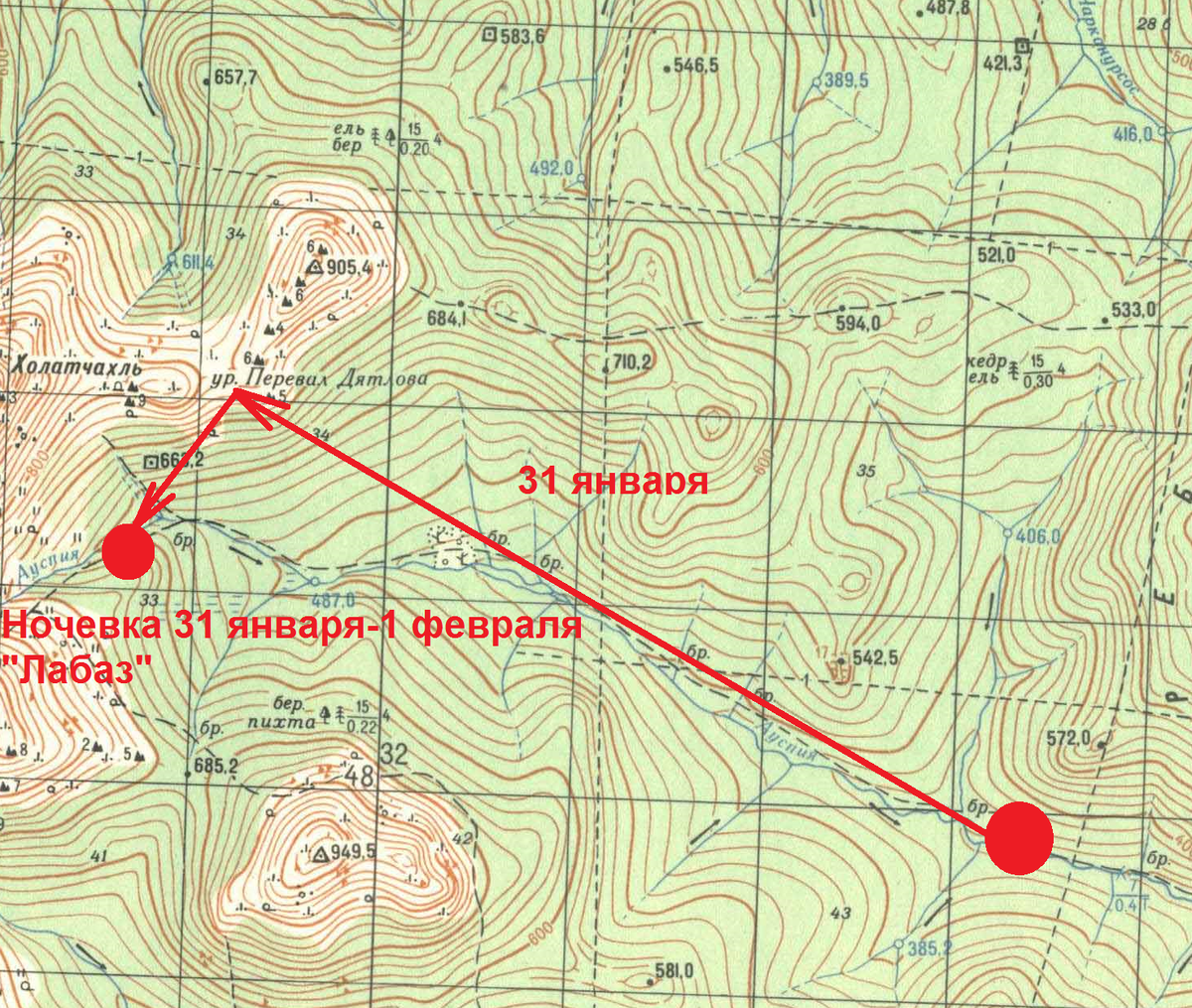 По "официальной версии" (версии Иванова-Масленникова), дятловцы 31 января поднялись на самую седловину перевала, но якобы из-за сильного ветра снова спустились к Ауспии. И ночь 31 января-1 февраля они якобы провели в верховьях Ауспии, перед перевалом. А утром 1 февраля якобы сделали на месте своей ночевки "лабаз" и снова пошли на перевал.   