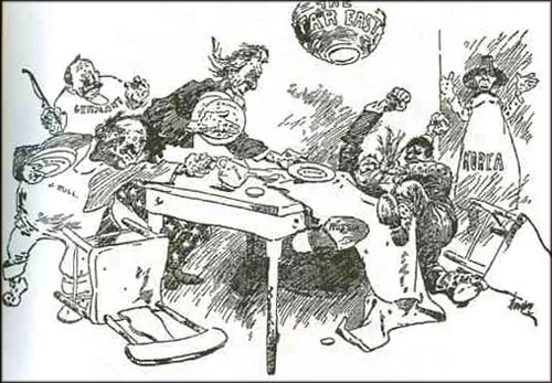 Карикатура, высмеивающая положение Чосона, ставшего ареной борьбы великих держав