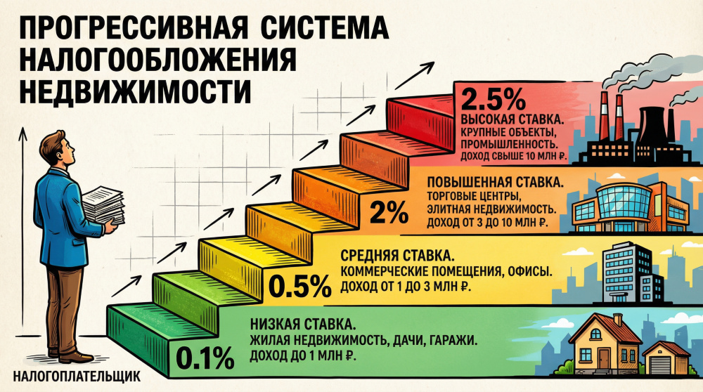    Федеральные ставки налога на имущество физических лиц: от минимальной 0,1% для жилья до максимальной 2,5% для дорогостоящих объектов стоимостью свыше 300 миллионов рублей