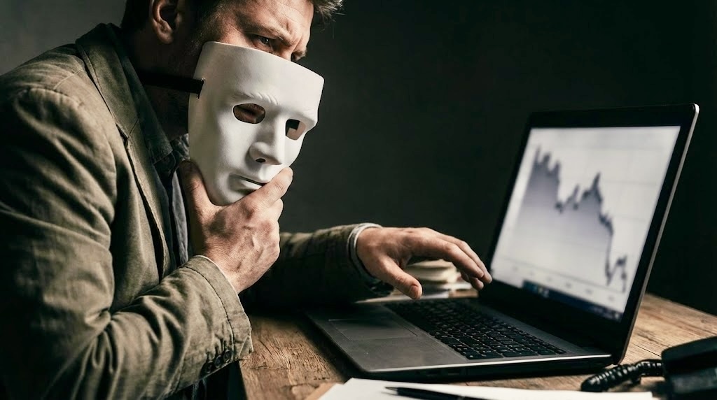 Автор с маской и тревожным выражением