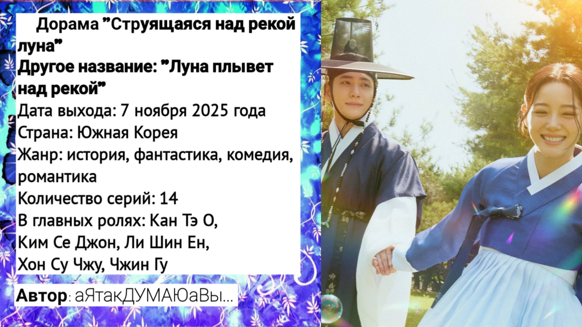 Коллаж создан автором этой статьи. В нем использован постер к дораме "Струящаяся над рекой луна" 2025 года. Источник: https://ru.kinorium.com/12505563/gallery/poster/?photo=55458017