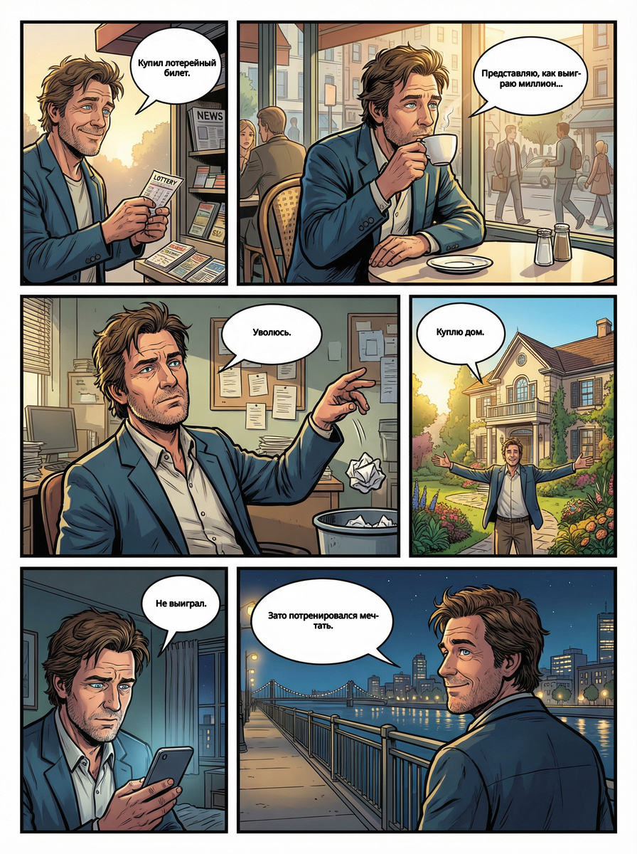 Один лотерейный билет — и целая жизнь успевает прожиться в воображении: увольнение, дом, свобода. Реальность оказывается проще, но не пустой. Тёплый и ироничный мини-комикс о том, как иногда важен не выигрыш, а сама возможность на минуту поверить в лучшее.