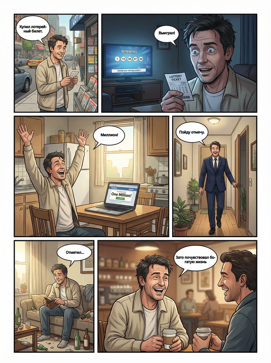 Он действительно выиграл — хотя бы на одну ночь. Эйфория, планы, костюм и праздник, который заканчивается быстрее, чем кажется. Ироничный и жизненный мини-комикс о том, что иногда ощущение богатства важнее самого миллиона, а главный выигрыш — это история, которую потом приятно вспомнить.