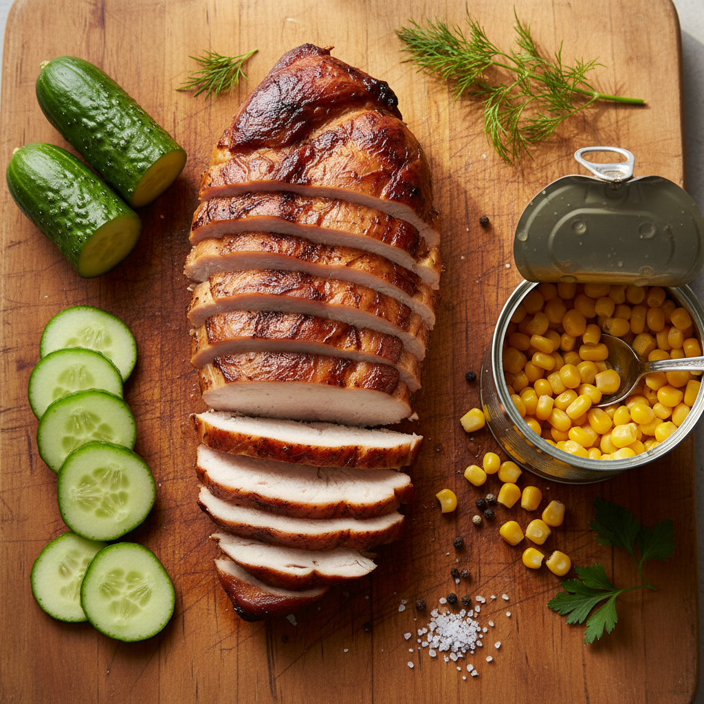 Базовый набор продуктов, который выручит в любой ситуации. Копченая курочка для аромата, огурец для хруста и кукуруза для сладости. Себестоимость блюда — сущие копейки!