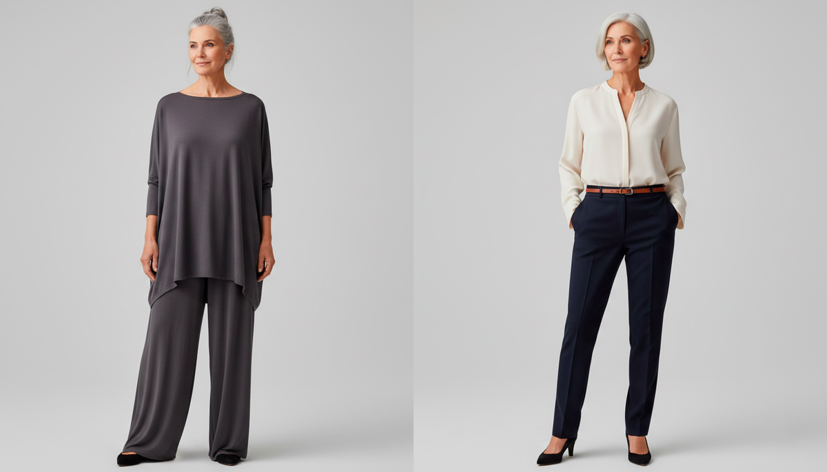 Сравните два образа одной и той же женщины. Слева — туника на два размера больше и широкие брюки. Фигура потерялась, добавилось визуально 10 кг и столько же лет. Справа — блуза по размеру, прямые брюки, тонкий ремень. Та же женщина, но выглядит стройнее и моложе. Разница только в размере одежды.