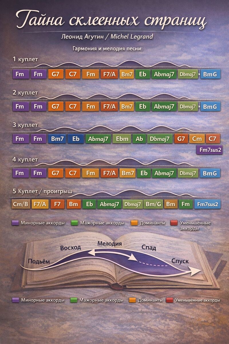 Гармония — это не набор аккордов, а движение чувств.
По этой схеме я примерилась, как устроена внутренняя драматургия песни «Тайна склеенных страниц»: где музыка держит напряжение, где зависает, а где находит опору.
Цвета здесь — не условность, а подсказка слуху: устойчивость, ожидание, недосказанность, решительность.
Стрелки показывают дыхание мелодии — подъём и музыкальный спад, без которых эта сила лишена смысла.