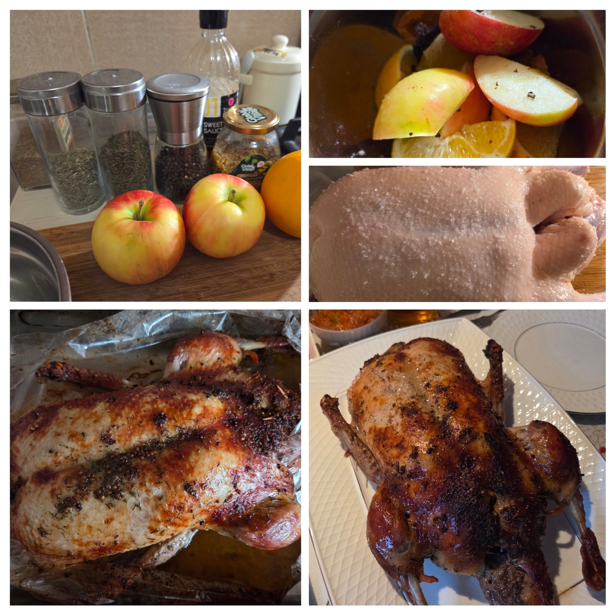 Утка получилась неожиданно вкусной. Давненько не готовила, навык потерян, но кое-что вспомнила. Натёрла солью, затем добавила специи: итальянские травы, чабер, кориандр, свежемолотый перец, зерновую горчицу и немного соуса "сладкий чили". Яблоки, кусочки апельсина, курагу и чернослив посолила, добавила таких же специй, начинила утку, заколола зубочистками. Положила в рукав для запекания и отправила в холодильник на ночь. Утром достала, дала возможность утке прогреться и поставила в духовку на 1 час при 150°С, затем увеличила температуру до 170°С, по прошествии двух часов, разрезала рукав, полила её жиром, сверху положила лист фольги, чтобы она не горела и ещё 30 минут. Курочка получилась нежная, сочная, вытопилось много жира, слила его в банку, буду использовать.