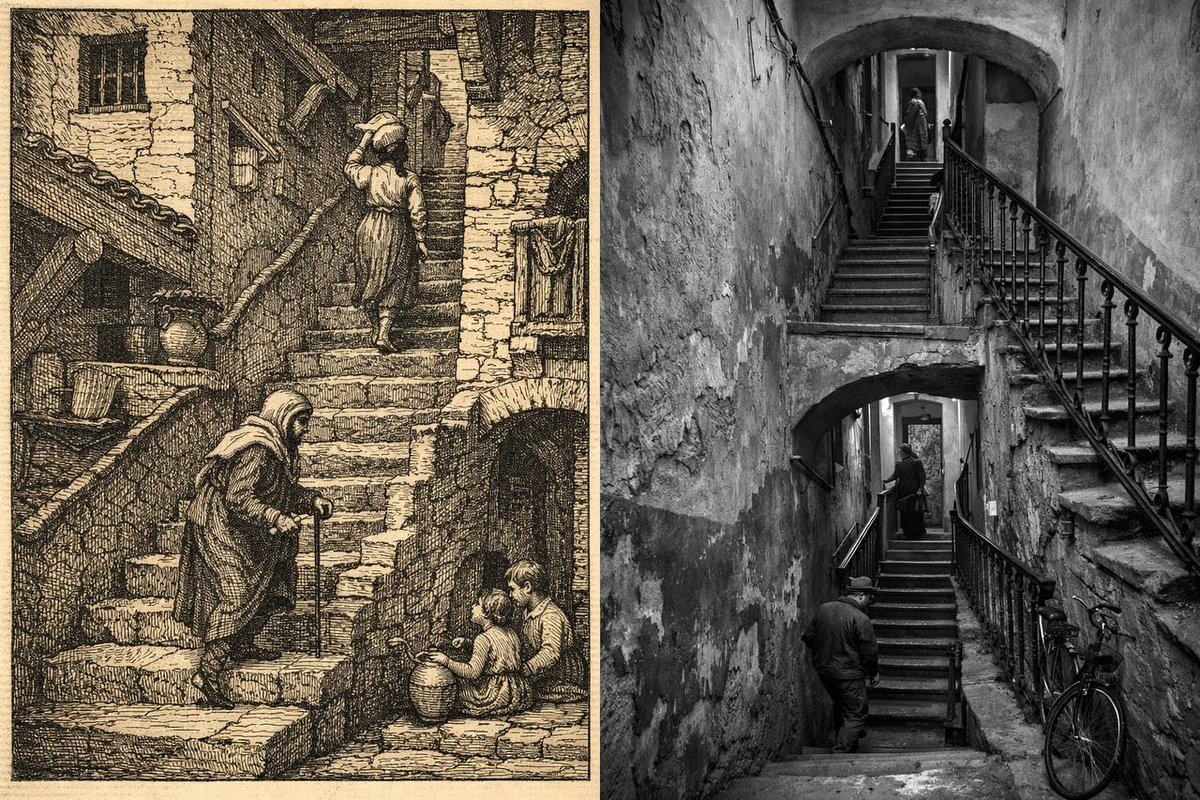 Узкие темные лестницы многоэтажных домов до изобретения лифта делали жизнь на верхних этажах неудобной и непрестижной