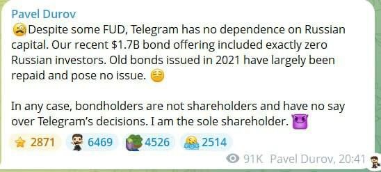 Павел Дуров заявил, что Telegram не зависит от российского капитала. По его словам, среди инвесторов в недавние выпуски облигаций мессенджера нет ни одного россиянина, а расчёты по ранее размещённым бумагам уже завершены. Также он подчеркнул, что в принципе исключает возможность влияния инвесторов на управленческие решения компании.