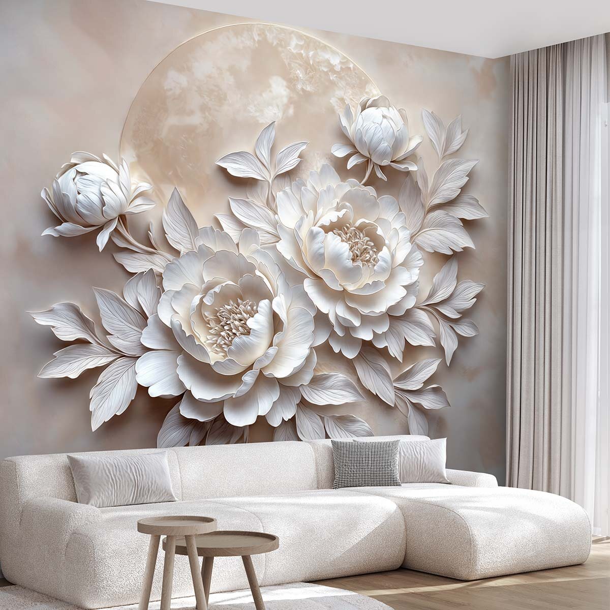 Пример интерьера в светлой, гармоничной цветовой гамме. Отделка стены - флизелиновые фотообои VEROL. Артикул на WB: 336614081.