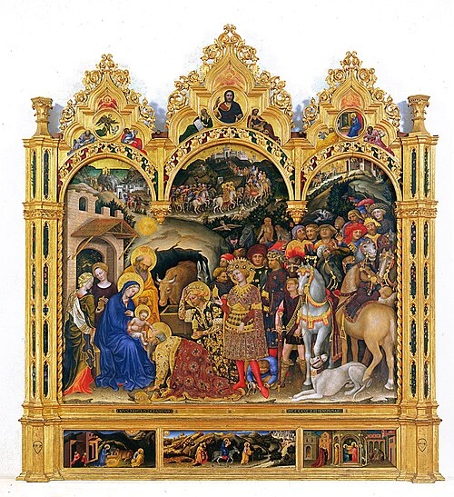 Поклонение волхвов. Фрагмент. 1423. Дерево, темпера. Уффици, Флоренция. https://en.wikipedia.org/wiki/Adoration_of_the_Magi_(Gentile_da_Fabriano)