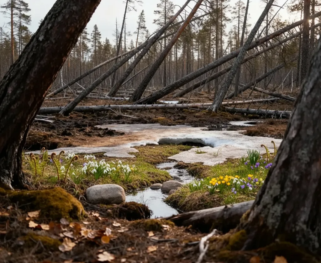 Когда «вечная» мерзлота перестаёт быть вечной, ландшафт сходит с ума. Эти деревья — первые, кто потерял опору. Они не пьяны. Они — в агонии. И они предупреждают.