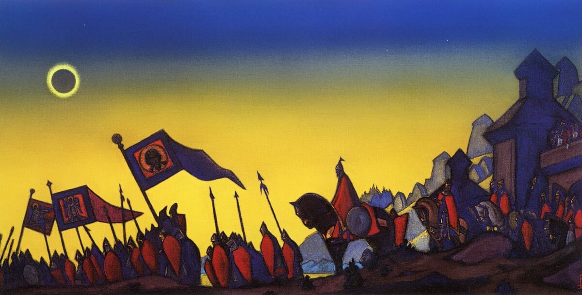    Солнечное затмение 1 мая 1185 года упоминается в «Слове о полку Игореве». Оно было расценено князем Игорем как предвестник беды. Сам князь и его дружина в тот момент наступали на половецкие земли и могли наблюдать только частичное затмение. Картина Николая Рериха «Поход Игоря», 1942 год.sibro.ru