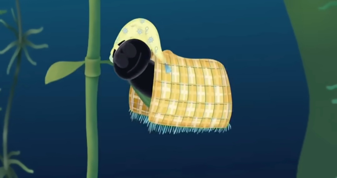 В мультсериале Пиявка ночует где угодно (чаще всего на водорослях), но не в доме.