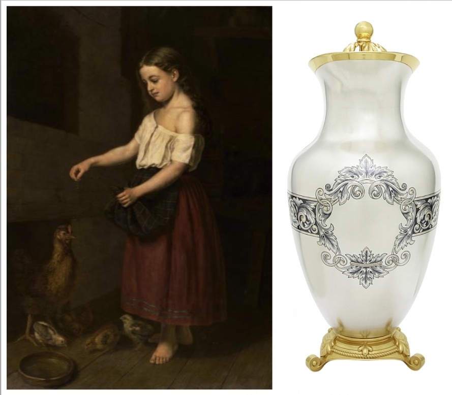 Неизвестный художник, Девочка, кормящая курицу с цыплятами