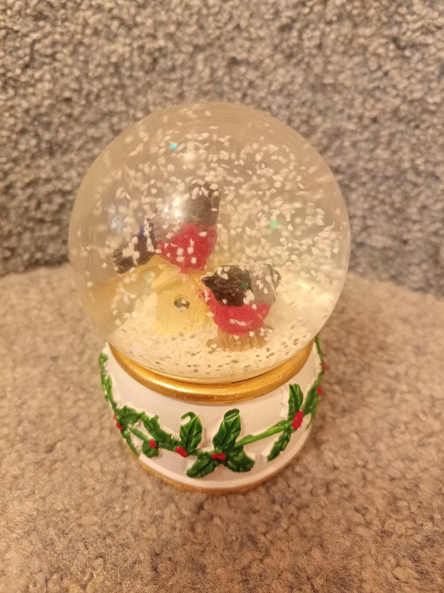 Прихватила понравившийся снежный шар в Фикс-прайсе перед праздниками. Люблю снегирей. Фото автора. 