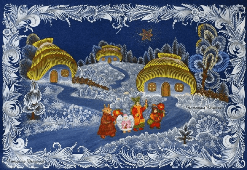 Роспись народная. Колядки. Колядки — это обрядовые песни, которые исполнялись во время святок (с 24 декабря/6 января по 6/19 января) при обходе домов с поздравлениями и пожеланиями благополучия. Их пели и на Рождество (рождественские колядки), и на Новый год/Васильев день (щедривки), и на Крещение.