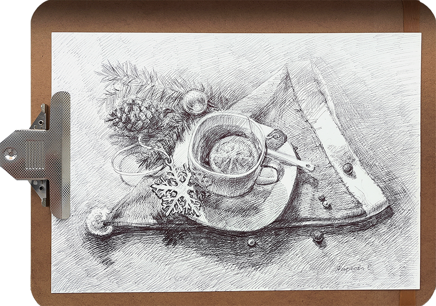 «Рождественское чаепитие». 7 января 2026 г, бумага А3, шариковая ручка, художник Фирсова Светлана.