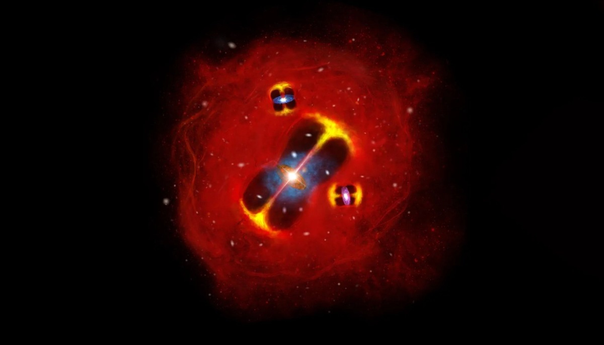    Художественное изображение обнаруженного учеными формирующегося скопления галактик в ранней Вселенной: радиоджеты активных галактик погружены в горячую внутрикластерную атмосферу (красного цвета), формируя большой тепловой резервуар газа в зарождающемся скоплении.