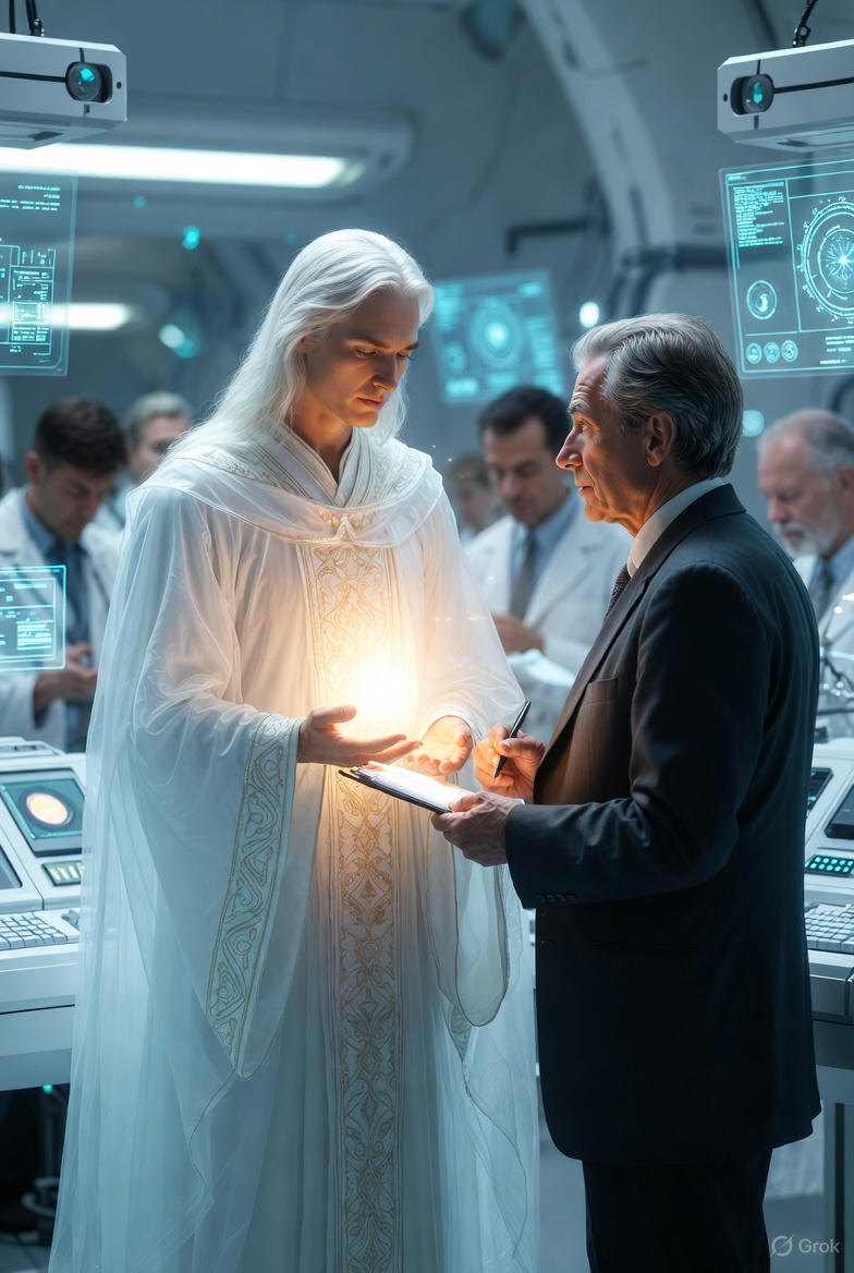 "Белый Всадник и Ян Стивенсон: Метод пробуждения памяти прошлых жизней", иллюстрация создана сетью Грок