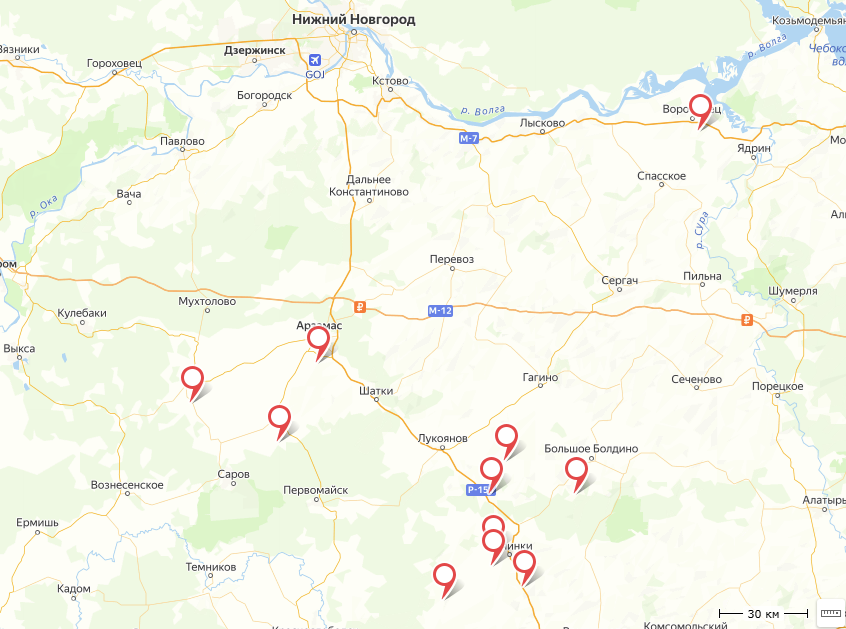 Карта с указанием местоположения исследуемых сёл.