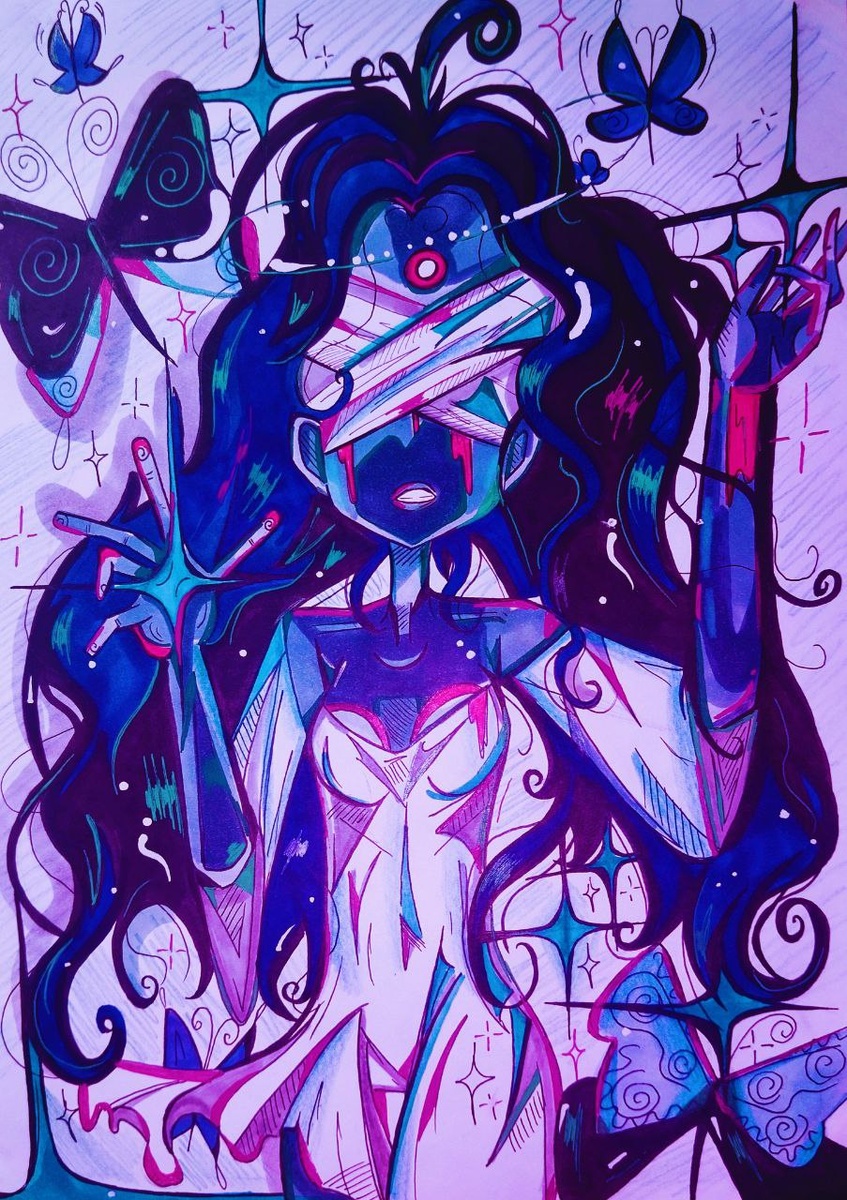 Рисунок выполнен на бумаге маркерами и карандашами.