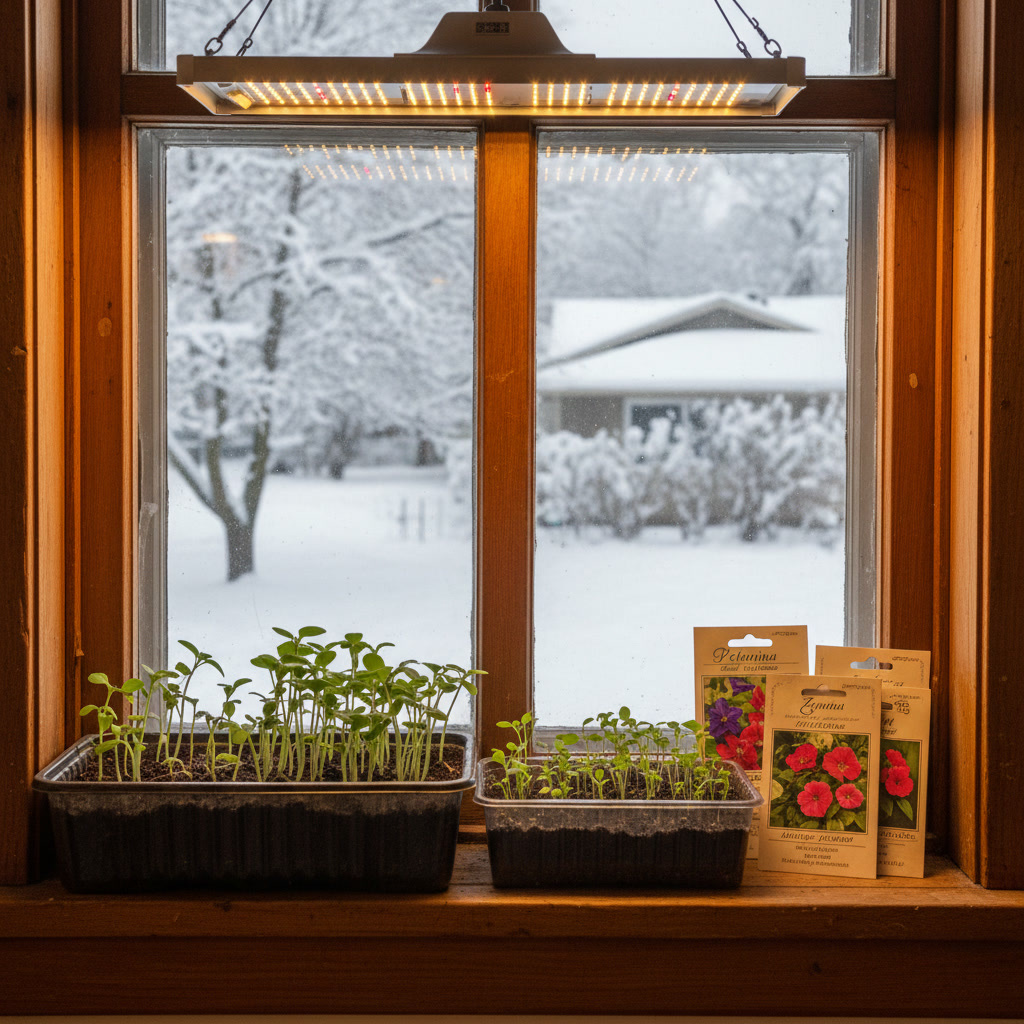 Контейнеры с землёй, пакетики с семенами, первые ростки и зимний пейзаж за окном - идеальная январская рассада☺️