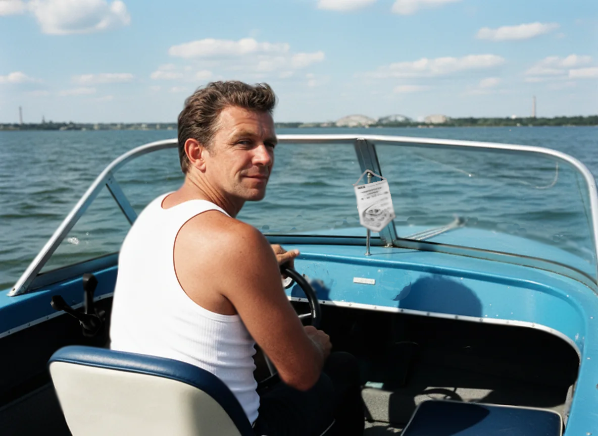 Фото Зенит-ТТЛ/Гелиос-44/Орво- хром. Восстановлено из убитого временем слайда 35 мм. Игорь Николаевич к 1985-му катер модернизировал, убрав лишнее. Поставил новые мягкие сиденья, подкрасил и сделал новое дистанционное управление мотором "Вихрь-30Э". Ранее мы катались по Днепру на "Вихрь-25" с довольно плохой системой управления. В реставрации кадра помог ИИ. 