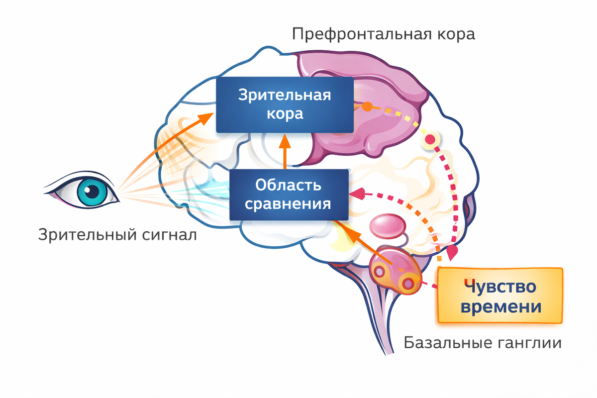 упрощенная схема мозговой сети восприятия времени, показывающая связь между зрительной корой, префронтальной корой и базальными ганглиями. Можно подписать основные блоки: "Зрительный сигнал", "Область сравнения", "Чувство времени"