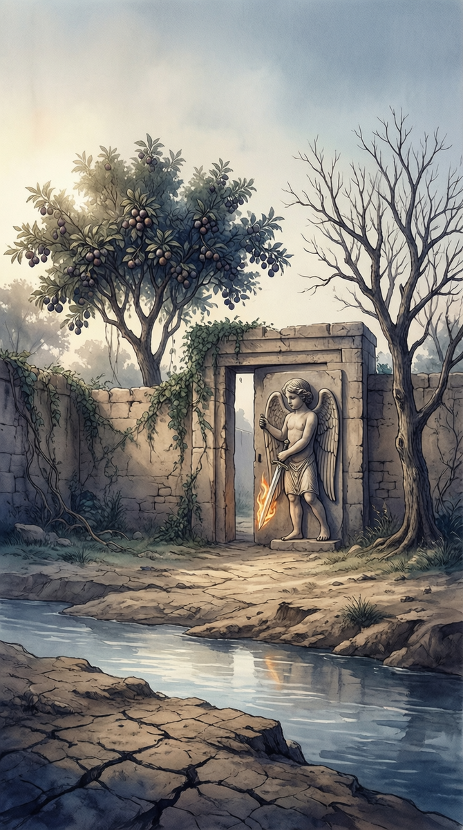 Согласно Книге Бытия, рай Эдем охраняется Херувимом с пламенным мечом, который Бог поставил на страже после изгнания людей из рая (Быт. 3:24).