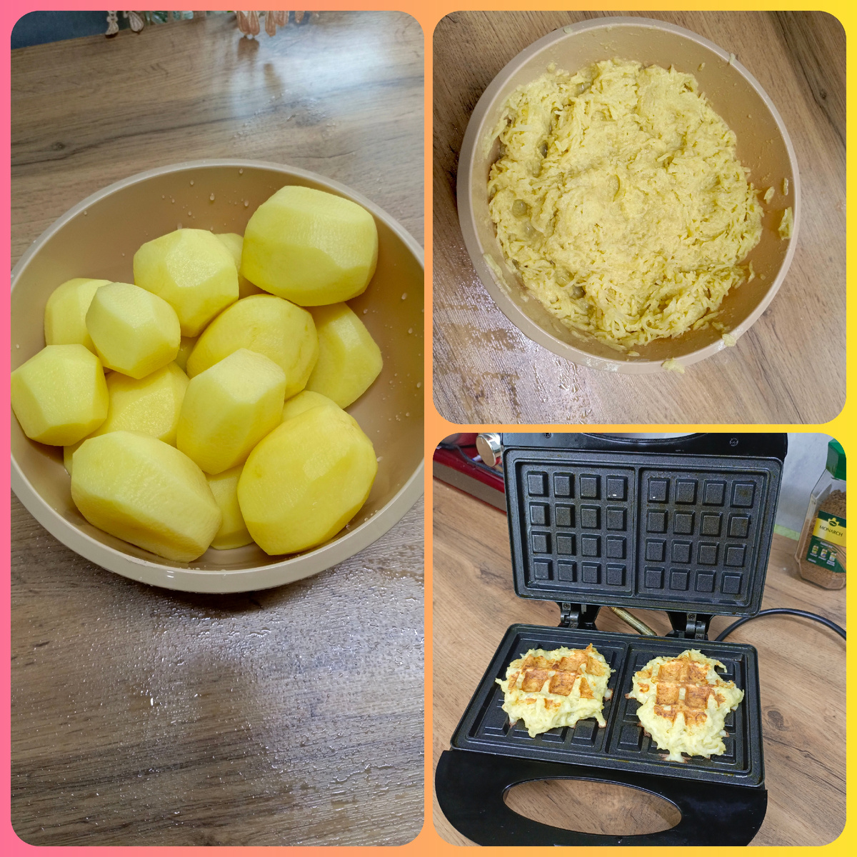 Картофель начистила, натерла на комбайне. Добавила яйца и муку кукурузную, соль, перец. Пеку в вафельнице, смазанной растительным маслом. Подаю со сметаной.