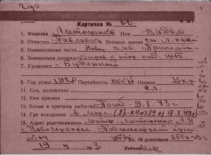 Карточка Литошенко Вадима Павловича