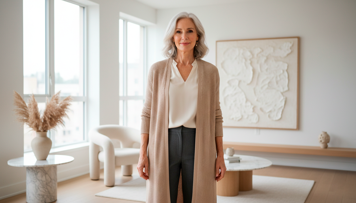 Посмотрите на эту элегантность! Удлинённый кардиган бежевого оттенка создаёт вытягивающую вертикаль, а его прямой крой не добавляет объёма. Обратите внимание: кардиган носится нараспашку — это визуально стройнит. Именно такие модели я рекомендую своим клиенткам для базового гардероба.