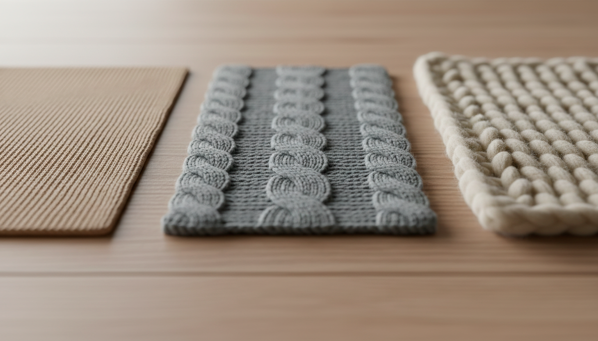 Видите разницу? Слева — тонкая вязка, которая подходит для базовых вещей. В центре — средняя вязка с косами, которая добавляет текстуру, но не объём. Справа — толстая пряжа, которую после 50 нужно использовать осторожно. Запомните эту градацию при выборе в магазине.