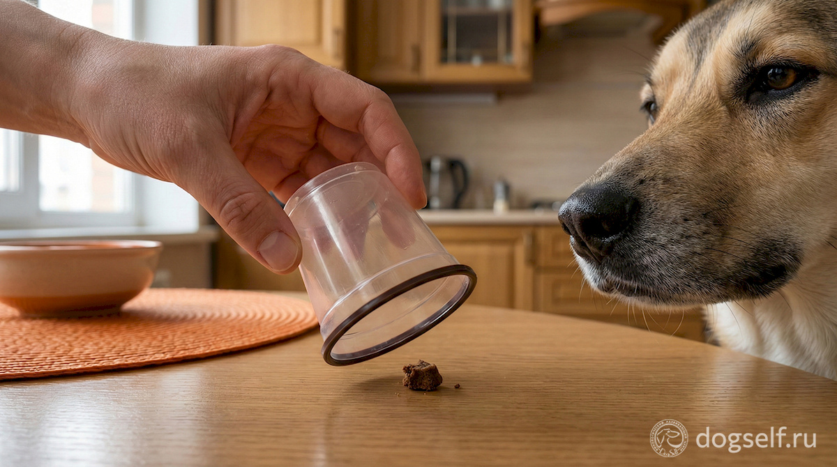 Это не просто кусочек – это микромир. Собака видит, хочет, но нос останавливается. Полсекунды молчания – и уже молодец. Вот так работает первая ступень: от импульса к контролю, по полсекунде за раз. | Иллюстрация: DogSelf