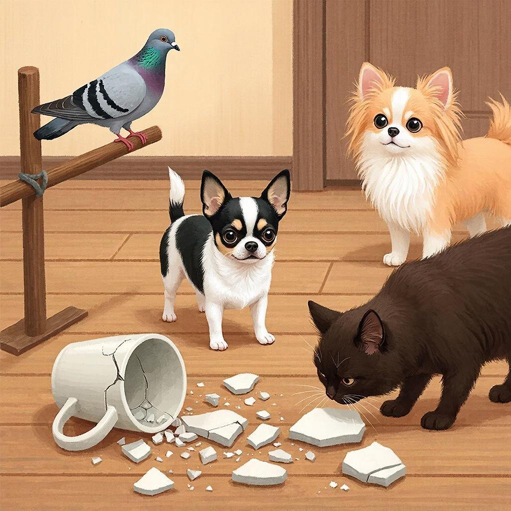 Что видят животные, когда разбивается любимая кружка? Не катастрофу, а начало фестиваля! Мудрый голубь Моисей наблюдает за реакцией кота Нафани и чихуахуа Дуси и Тихона на хаос. Философия повседневности в новой иллюстрации к «Дневнику Моисея».