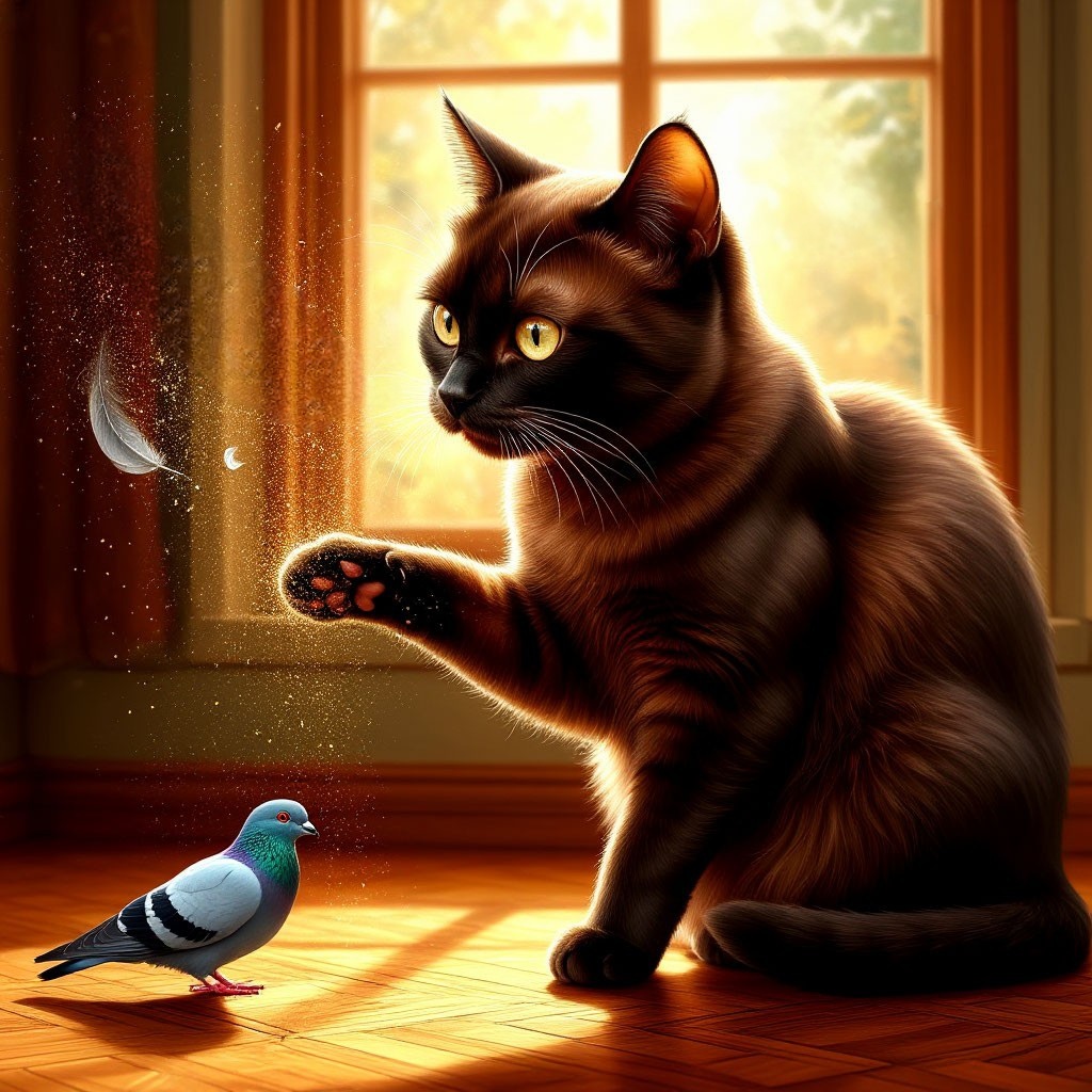 Иллюстрация к статье «География запахов». Кот вылизывает шерсть, стирая с неё целый мир: пыльцу с улицы, запах книг и следы от окна. А в воздухе уже видны призраки этих ароматов. Философия кошачьей гигиены глазами голубя Моисея.