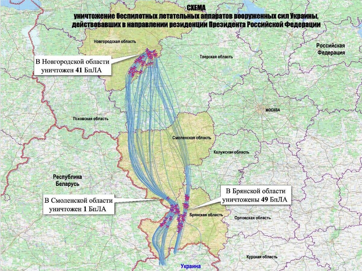    Схема уничтожения беспилотных летательных аппаратов вооруженных сил Украины, действовавших в направлении резиденции Президента Российской Федерации | © Фото : Минобороны России