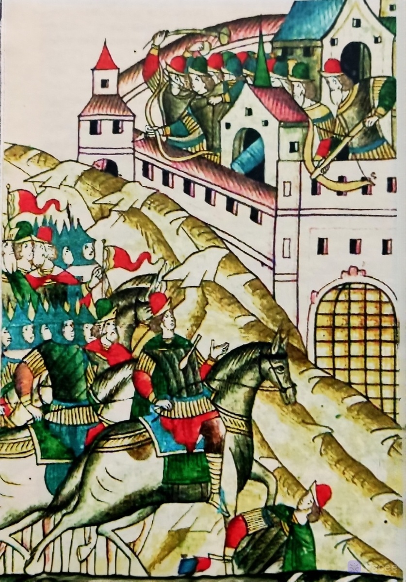 Тохтамыш под Москвой. Миниатюра из Лицевого летописного свода,ХVI век