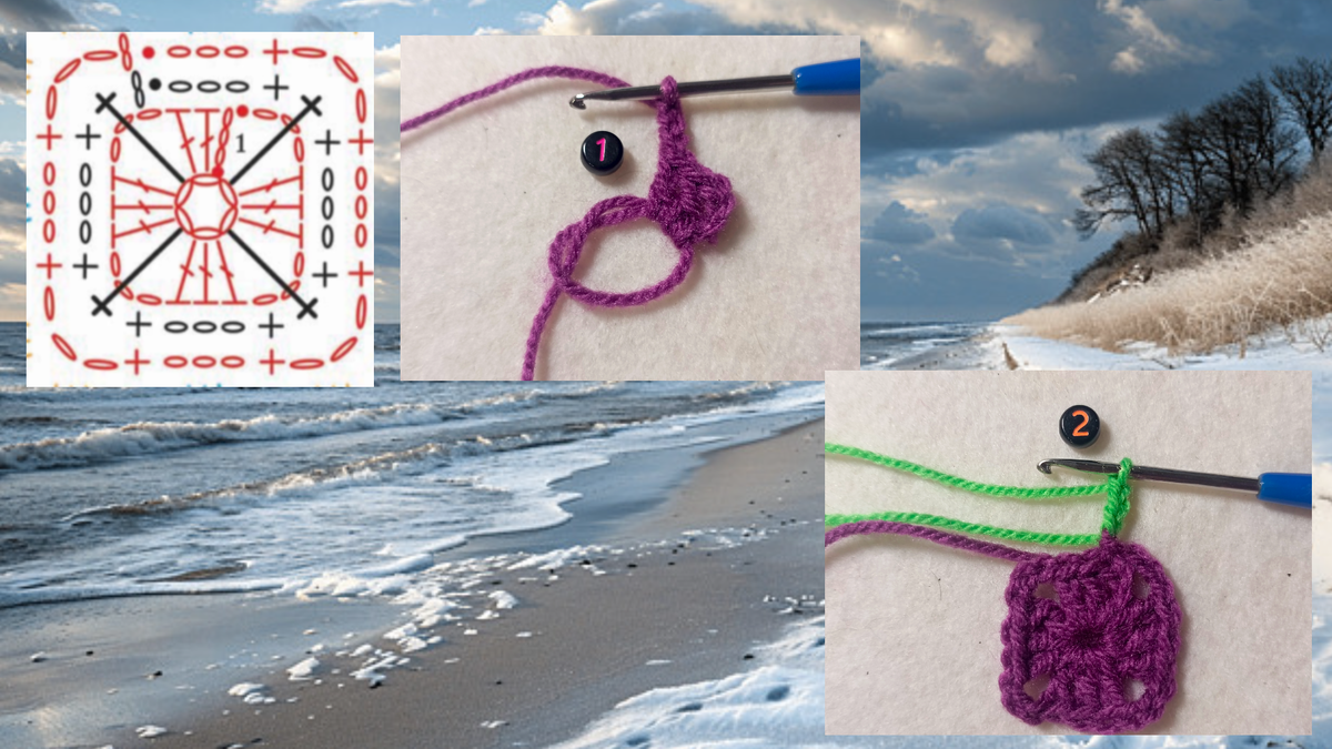 В кольцо амигуруми провязывю 3 воздушные и рядом 2 столбика с накидом. Затем 3 воздушные. Провязываю первый ряд из четырёх таких элементов и ввожу нить зелёного цвета. 3 воздушные петли.