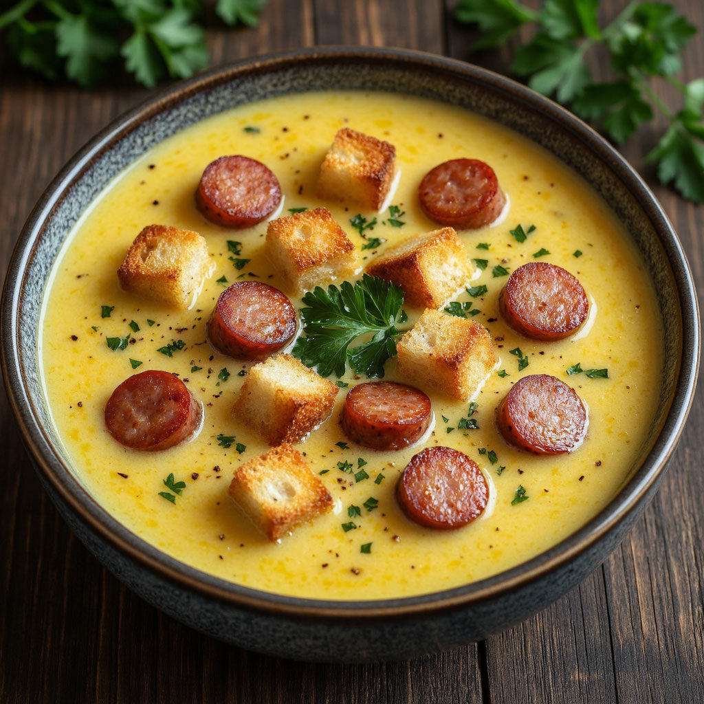 🍽️ Сырный суп с копчёными колбасками, картофелем и рисом: простой и вкусный рецепт 🍽️